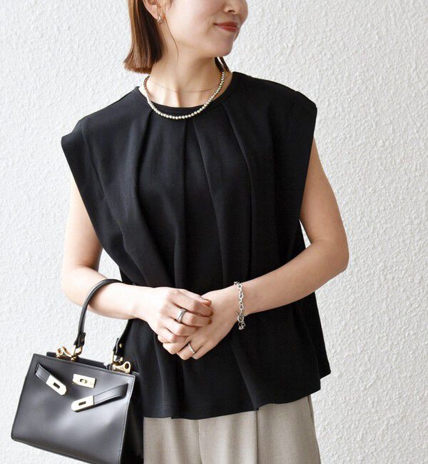 SHIPS any「SHIPS any:〈接触冷感/汗染み防止加工/洗濯機可能〉タック フレア ノースリーブ TEE」|Tシャツ・カットソー|ブラック