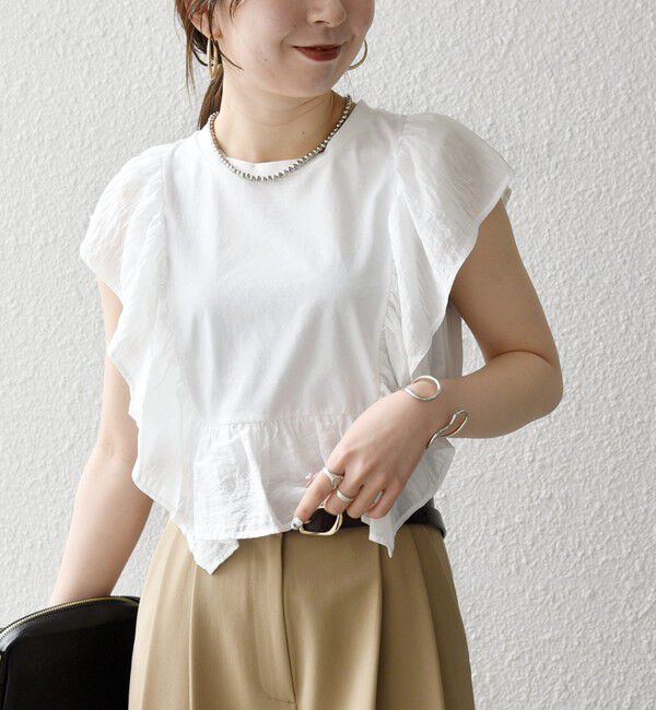 SHIPS any「《予約》SHIPS any:〈洗濯機可能〉フリル コンビ ノースリーブ TEE」|Tシャツ・カットソー|