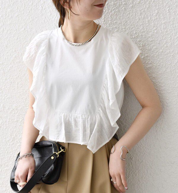 SHIPS any「《予約》SHIPS any:〈洗濯機可能〉フリル コンビ ノースリーブ TEE」|Tシャツ・カットソー|