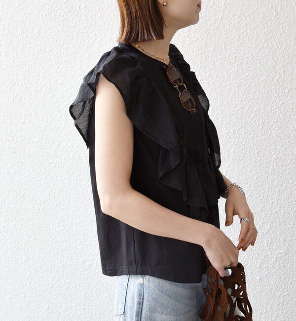 SHIPS any「《予約》SHIPS any:〈洗濯機可能〉フリル コンビ ノースリーブ TEE」|Tシャツ・カットソー|