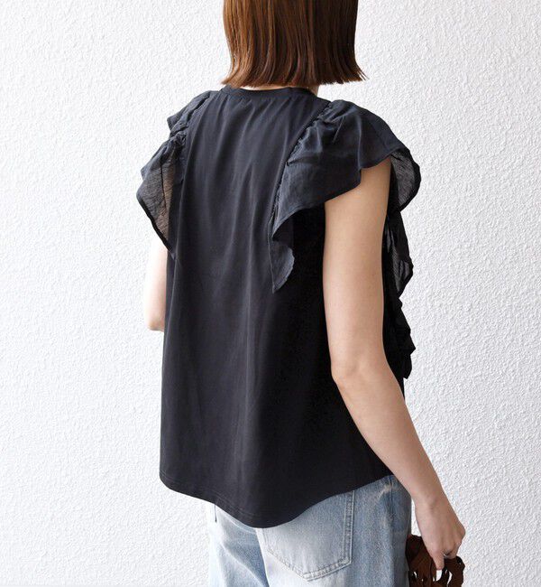 SHIPS any「《予約》SHIPS any:〈洗濯機可能〉フリル コンビ ノースリーブ TEE」|Tシャツ・カットソー|