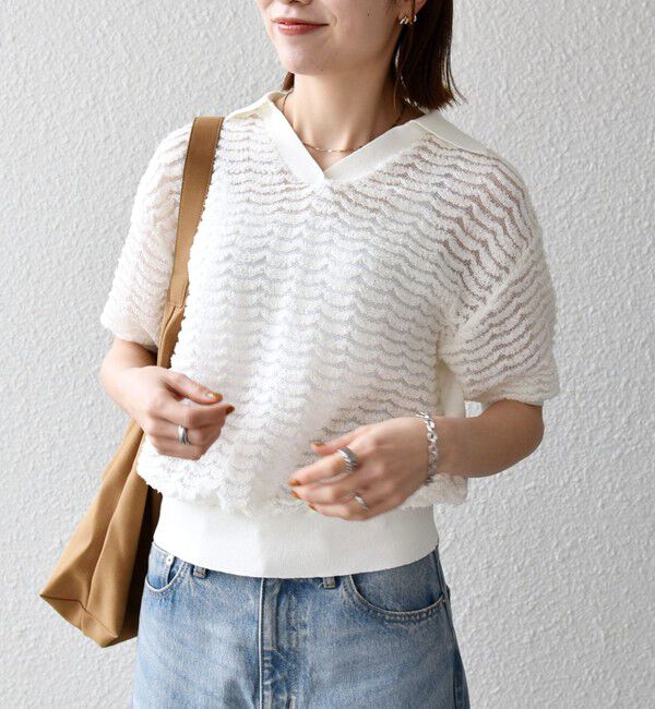 SHIPS any「《予約》SHIPS any:〈手洗い可能〉シアー ジャカード スキッパー ポロ ニット」|ニット・セーター|