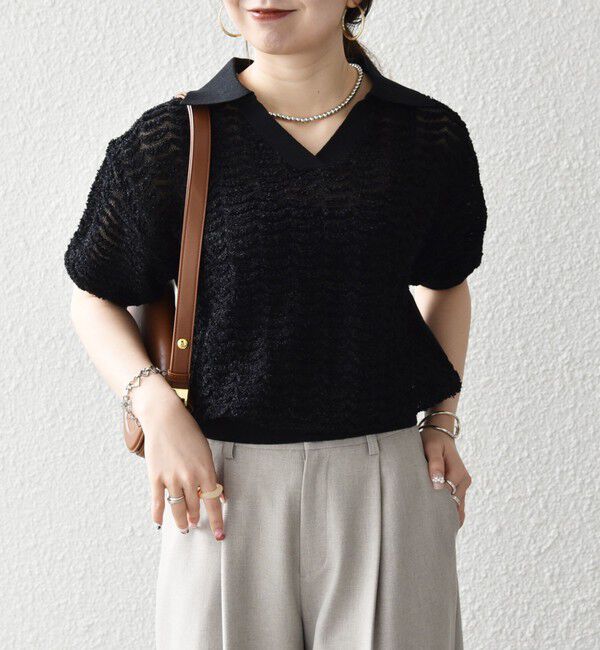 SHIPS any「《予約》SHIPS any:〈手洗い可能〉シアー ジャカード スキッパー ポロ ニット」|ニット・セーター|