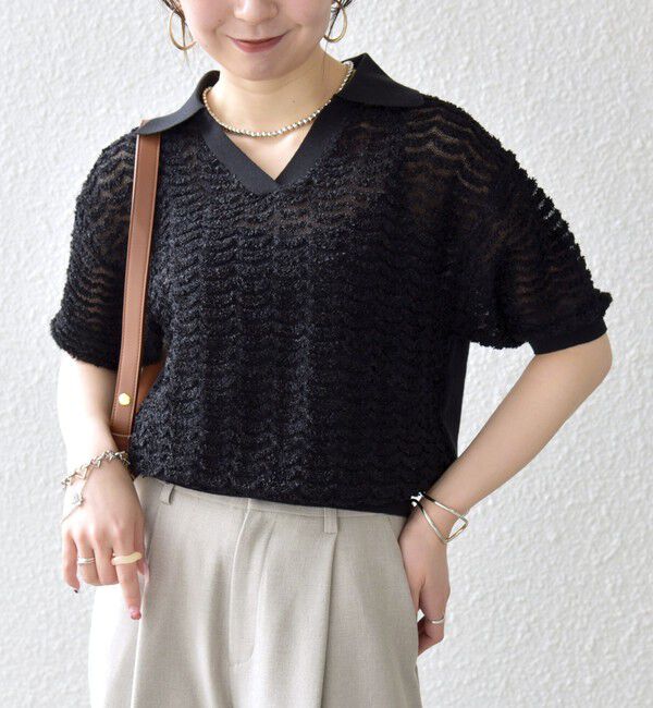 SHIPS any「《予約》SHIPS any:〈手洗い可能〉シアー ジャカード スキッパー ポロ ニット」|ニット・セーター|