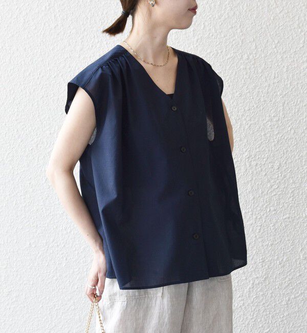 SHIPS any「《予約》SHIPS any:〈洗濯機可能〉Vネック フレンチ ギャザー ブラウス」|シャツ・ブラウス|