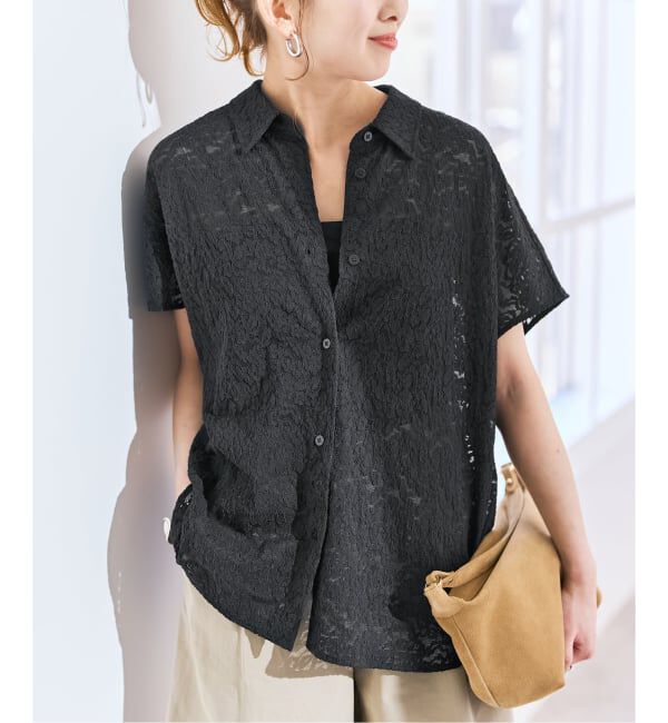 Spick and Span「《予約》レースフレンチスリーブシャツ」|シャツ・ブラウス|ブラック