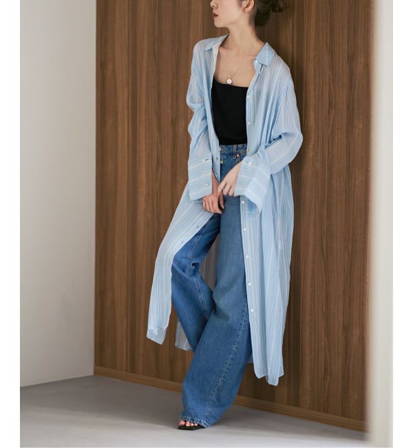 NOBLE「エアリーストライプロングシャツワンピース」|ワンピース|サックスブルー