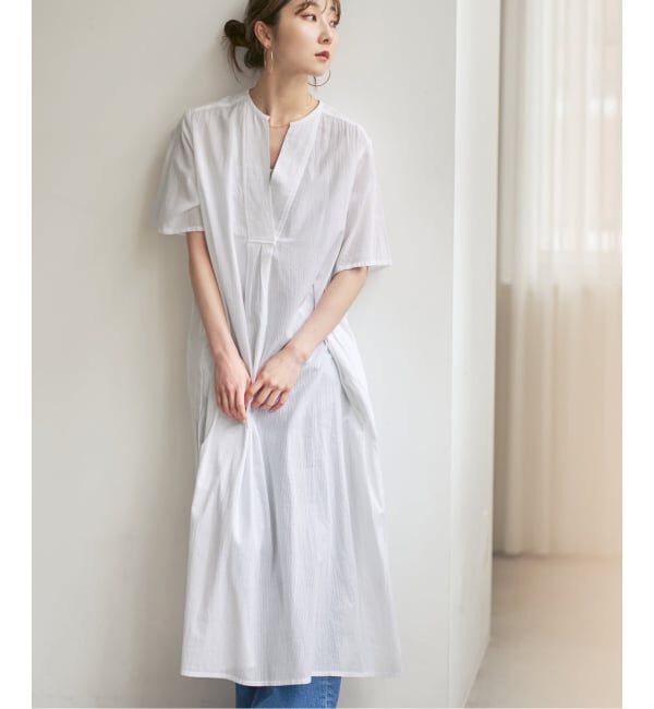 NOBLE「《予約》normment/ノーメント STRIPE JQD SHORT SLEEVE DRESS」|ワンピース|ホワイト