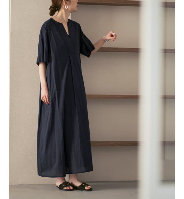 NOBLE「《予約》normment/ノーメント STRIPE JQD SHORT SLEEVE DRESS」|ワンピース|ネイビー