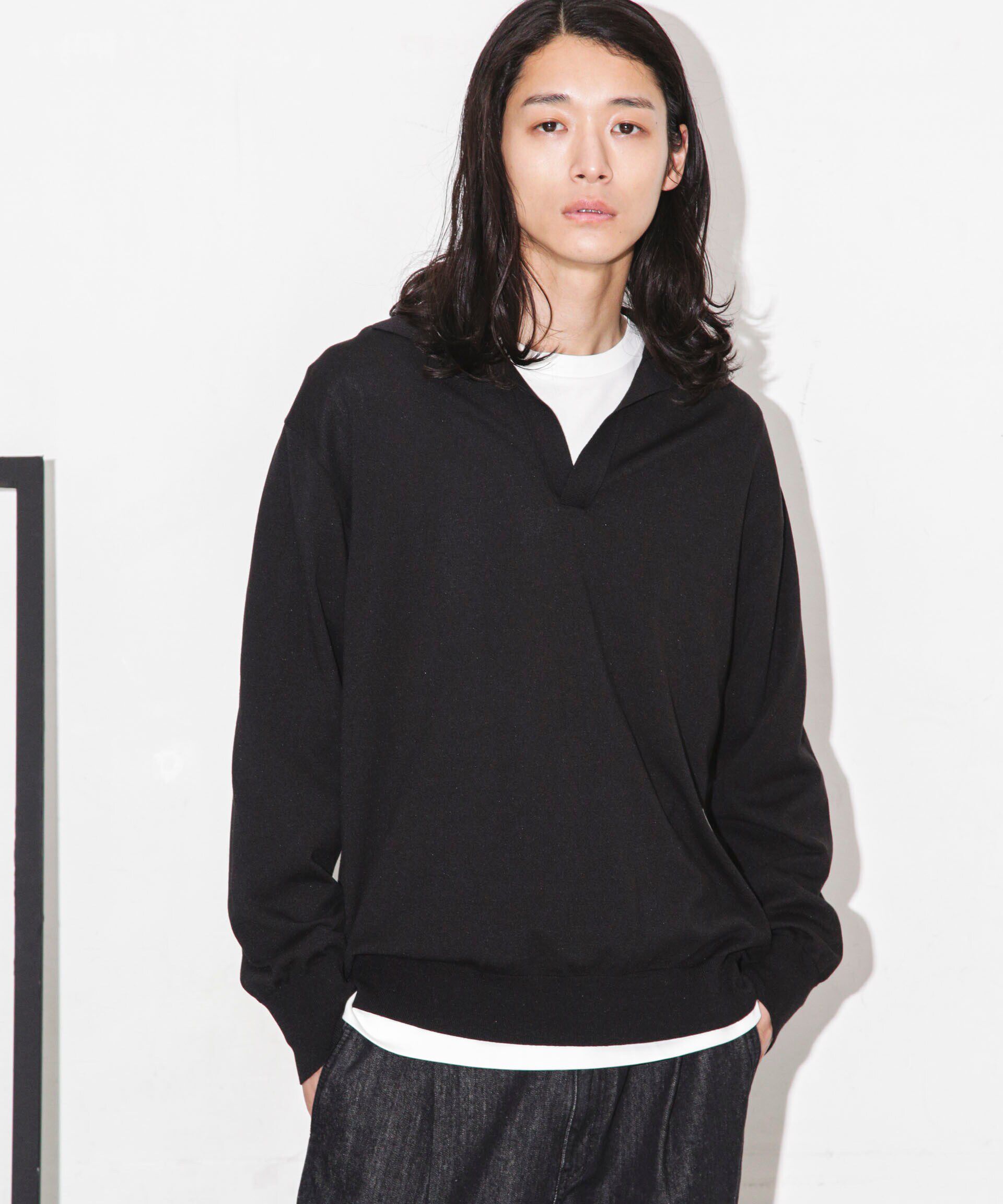 nano･universe「｢ESSENTIAL LINE｣天竺スキッパーポロ」|ニット・セーター|ブラック