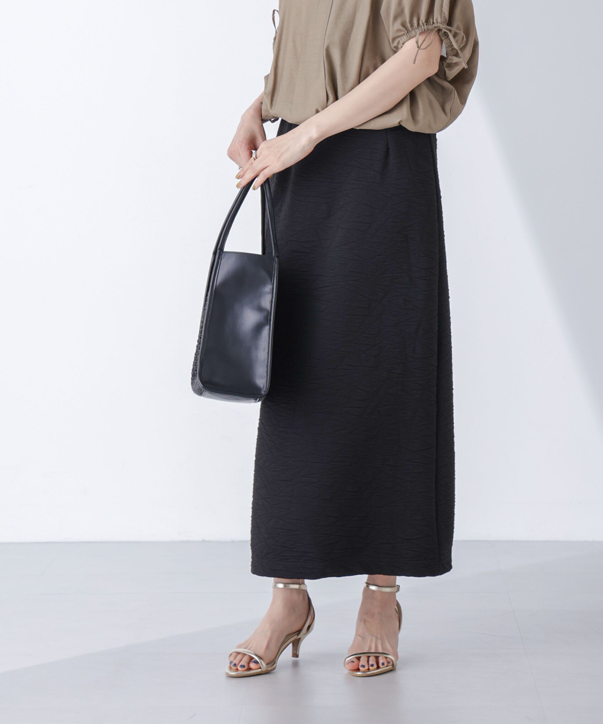 nano･universe「フクレジャガードカットナロースカート(セットアップ可)」|スカート|ブラック