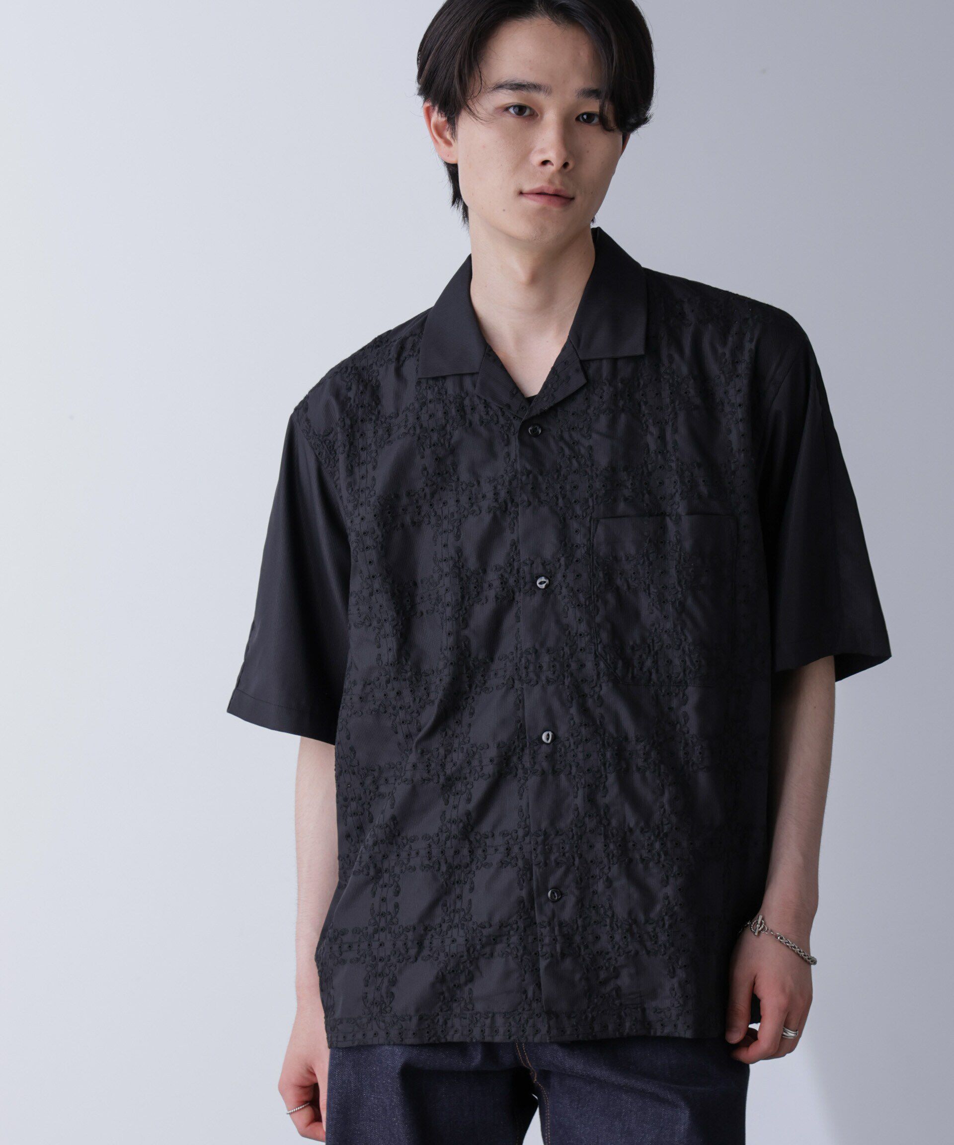 nano･universe「刺繍切替シャツ」|シャツ・ブラウス|ブラック