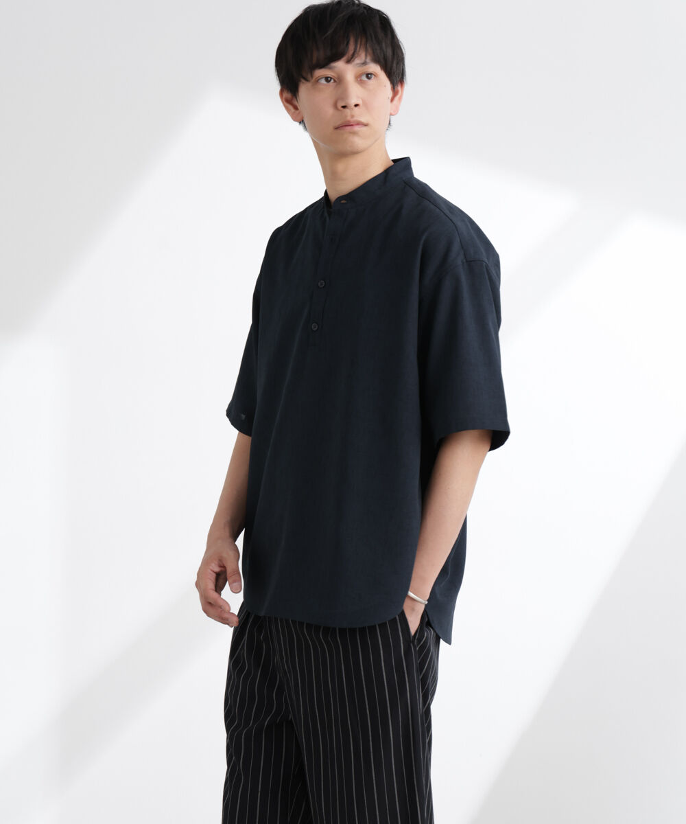 nano･universe「テックリネンバンドカラープルオーバーシャツ 半袖」|シャツ・ブラウス|ネイビー