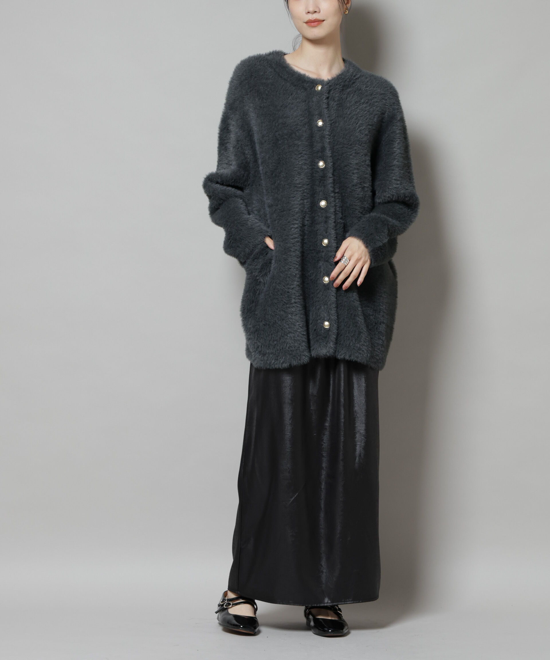 nano･universe「レザーライクシャイニースカート」|スカート|ブラック