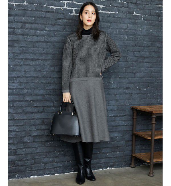 自由区「【WEB限定カラーあり・洗える】リバーシブルニット セットアップ(プルオーバー&times;フレアスカート)」|スーツ|ｸﾞﾚｰ&times;ﾌﾞ