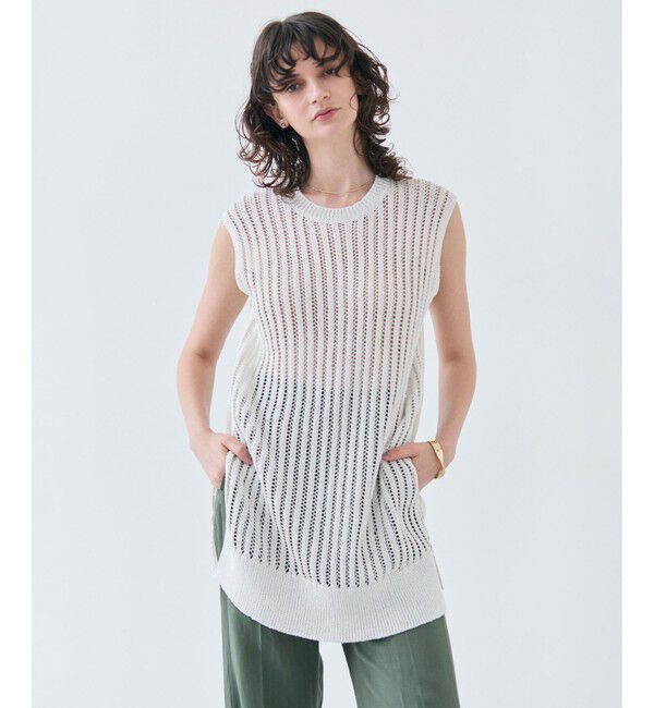 BEIGE,「【洗える】ALOE / コットンメッシュオーガンジーノースリーブニット」|ニット・セーター|Ecru