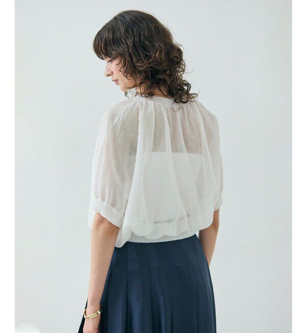 BEIGE,「【洗える・Oggi 7月号掲載】LUPINUS / リネン混半袖プルオーバーギャザーニット」|ニット・セーター|Ecru