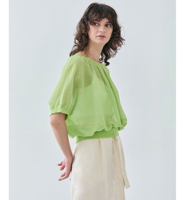 BEIGE,「【洗える・Oggi 7月号掲載】LUPINUS / リネン混半袖プルオーバーギャザーニット」|ニット・セーター|Lime