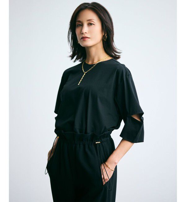 BEIGE,「【洗える】DUOMO / コットンスリットスリーブトップス」|Tシャツ・カットソー|Black