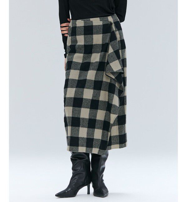 BEIGE,「HOBBS / フェイクレザーポケットウールチェックラップスカート」|スカート|L.Khaki &times; Black