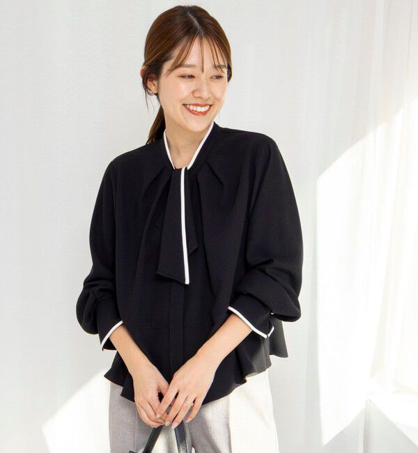 NOLLEY'S「《セットアップ対応》ウォッシャブルストレッチジョーゼットボウタイ風ペプラムブラウス」|シャツ・ブラウス|