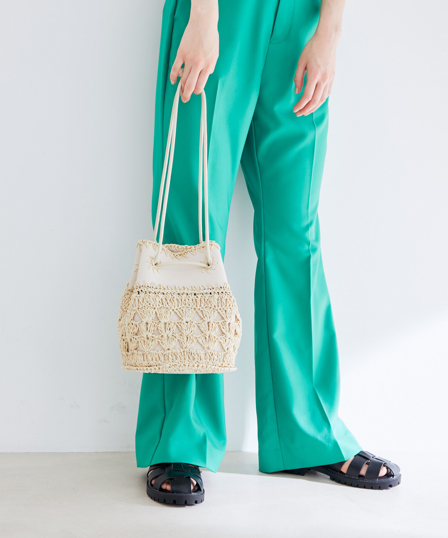 VIS「雑材コンビ異素材巾着バッグ」|ショルダー・メッセンジャー|