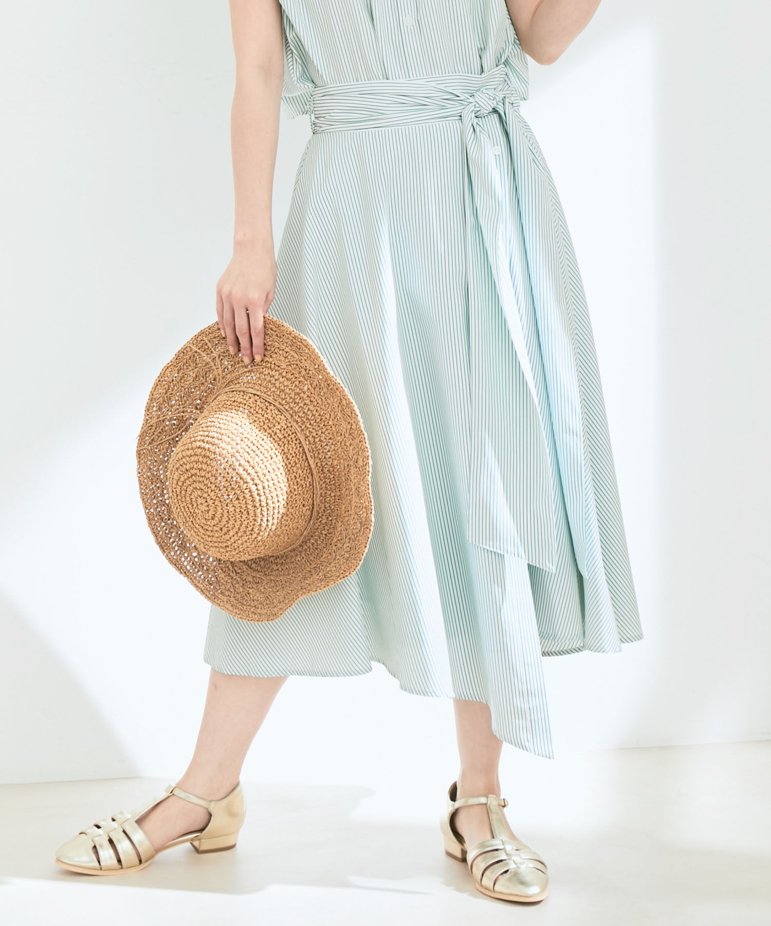 VIS「【セットアップ対応】ストライプ＆無地フロントリボンアシメスカート【sustainable】」|スカート|グリーン系(35)