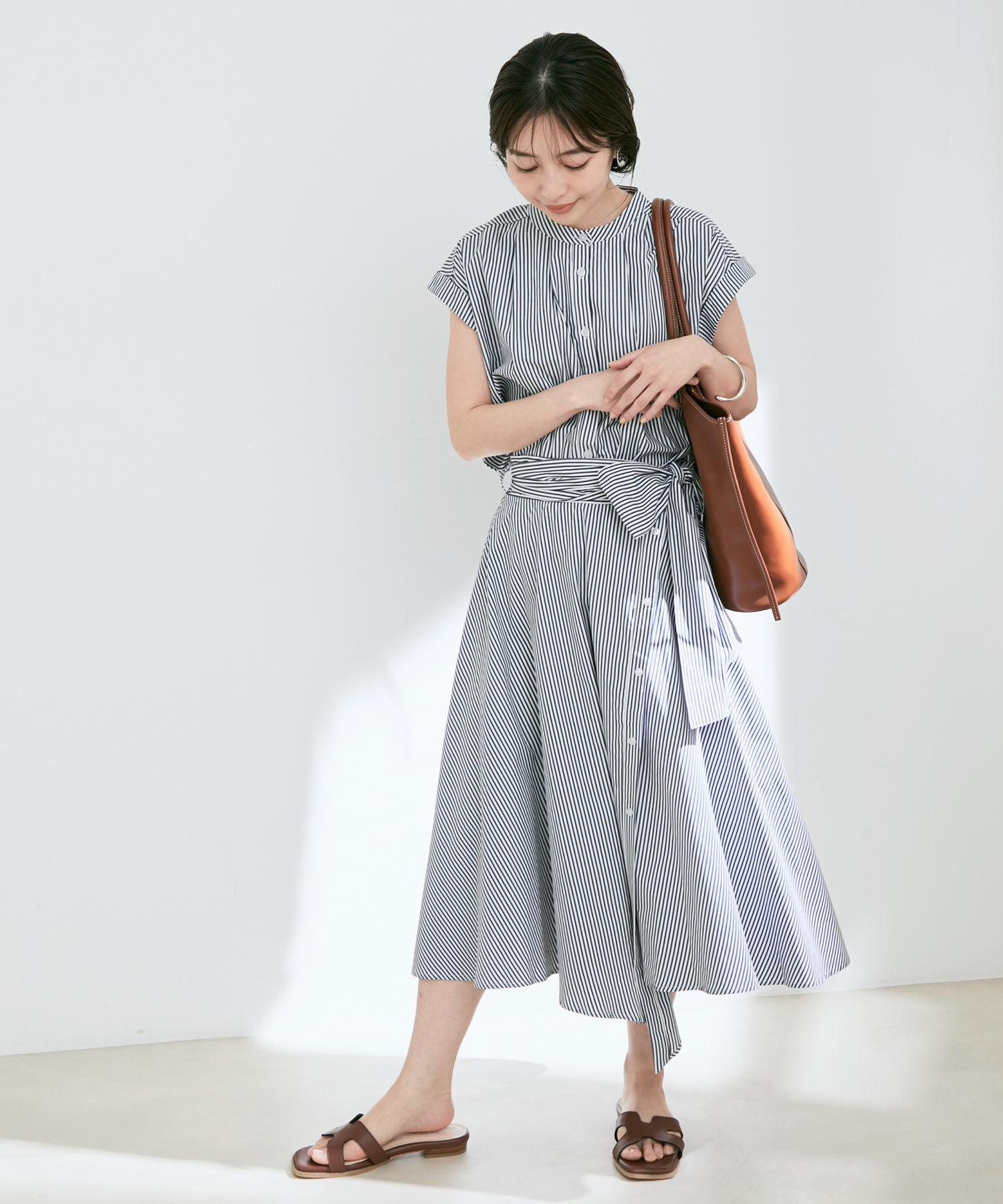 VIS「【セットアップ対応】ストライプ＆無地フロントリボンアシメスカート【sustainable】」|スカート|