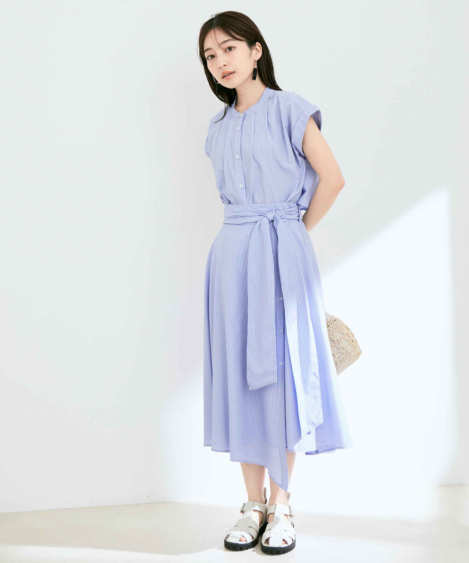 VIS「【セットアップ対応】ストライプ＆無地フロントリボンアシメスカート【sustainable】」|スカート|