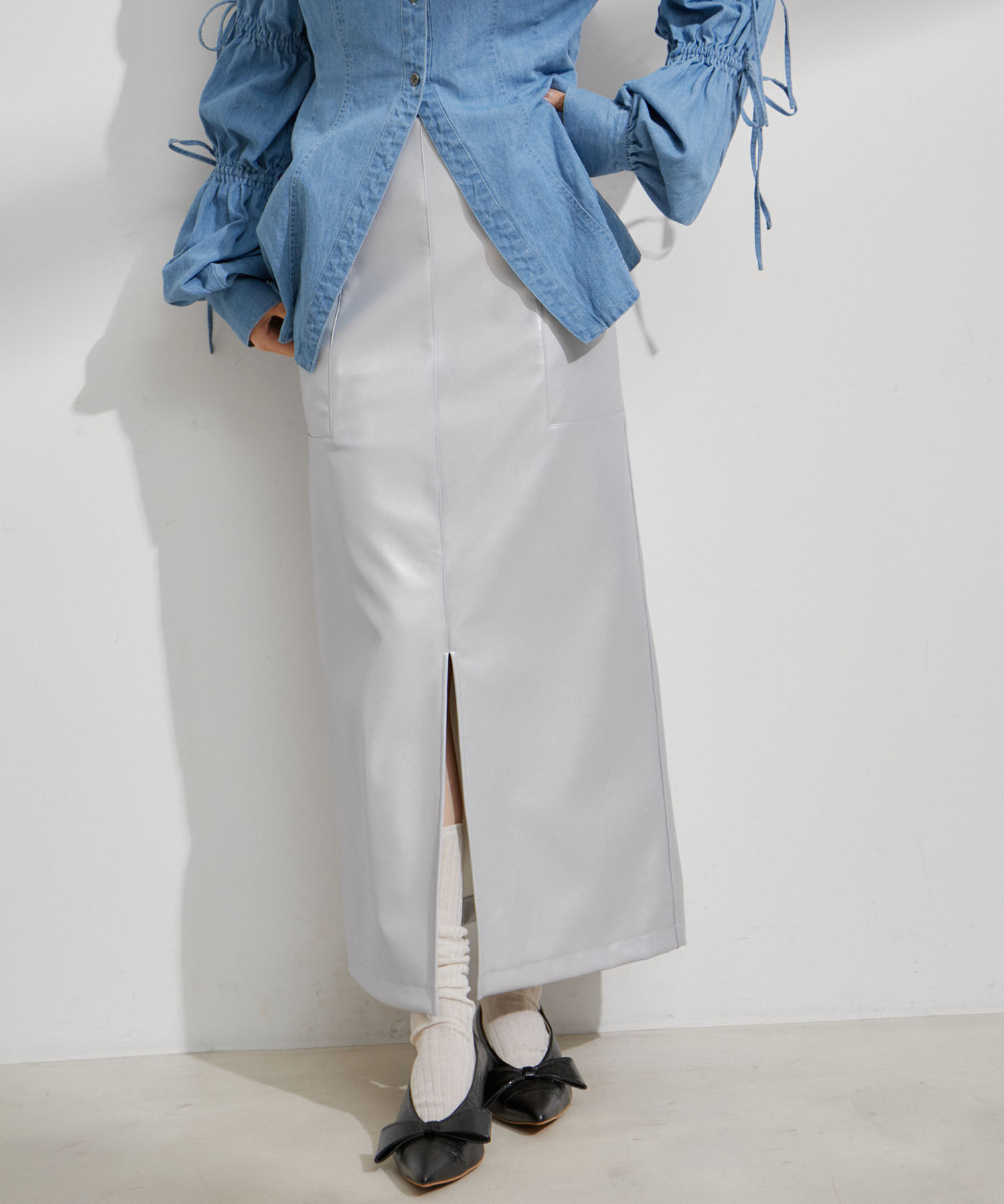 VIS「フェイクレザーIラインスカート」|スカート|シルバー系(94)