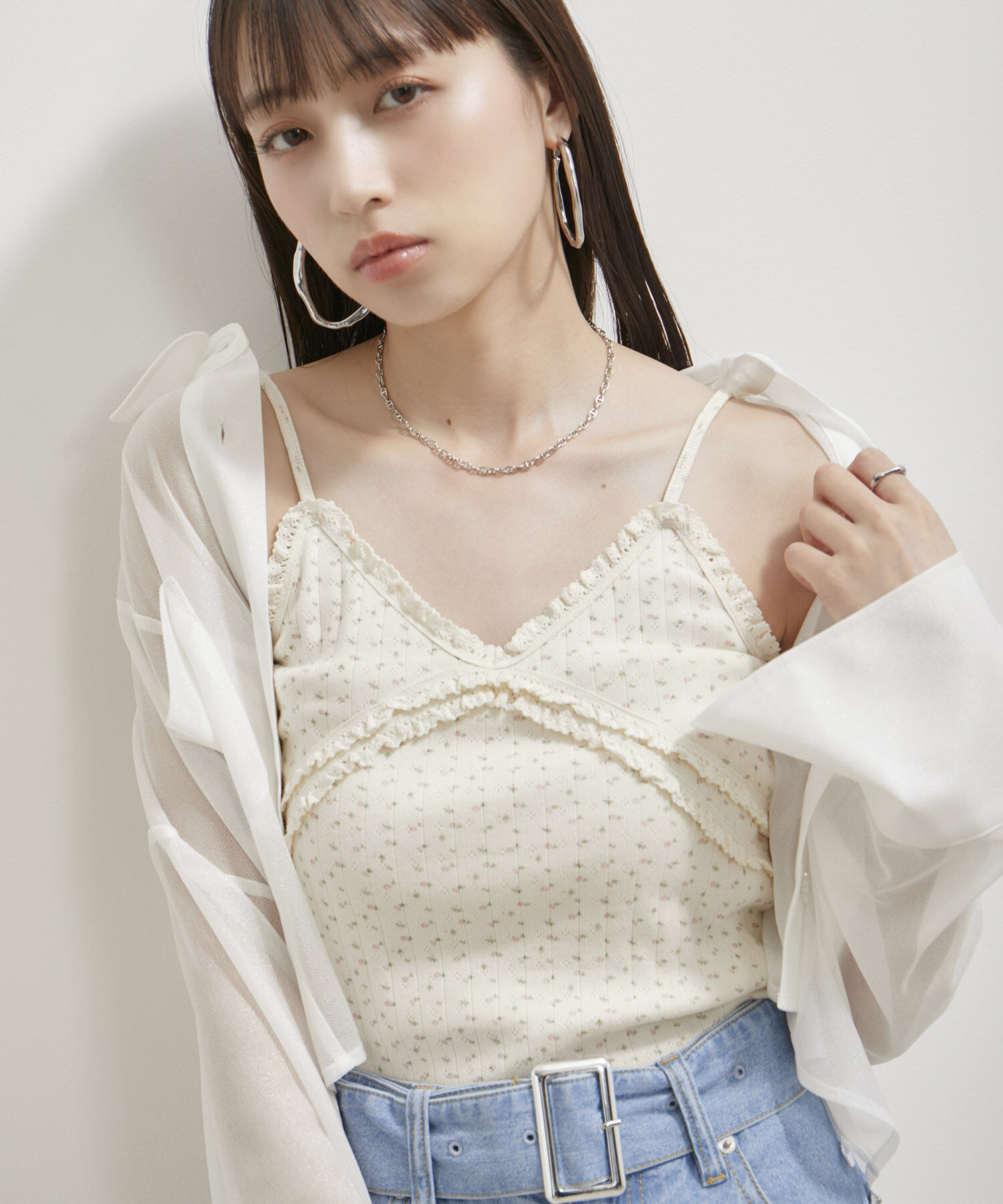 VIS「【洗える】パターンメッシュフリルキャミソール」|キャミソール|