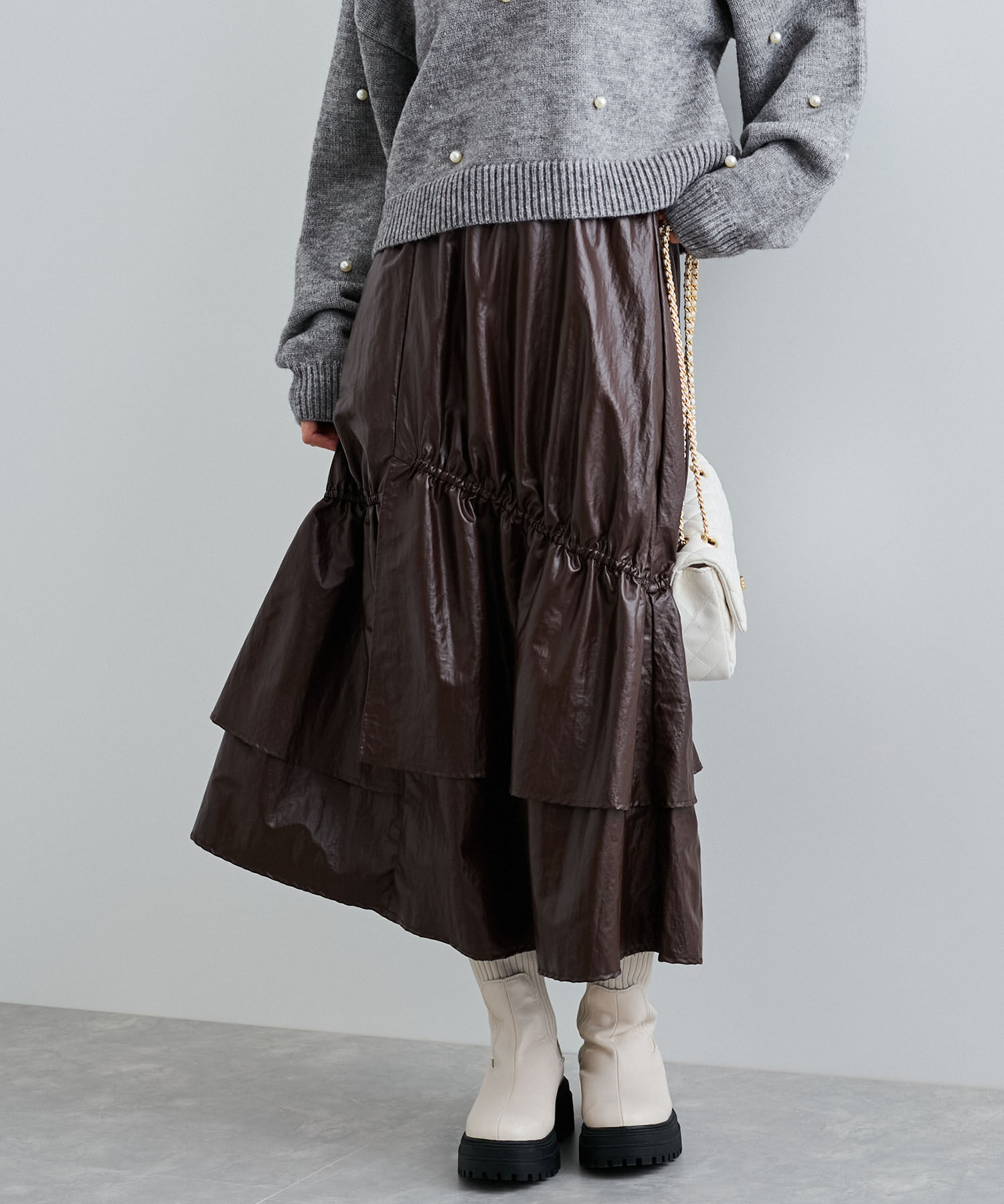 VIS「チンツ加工ギャザーロングスカート」|スカート|