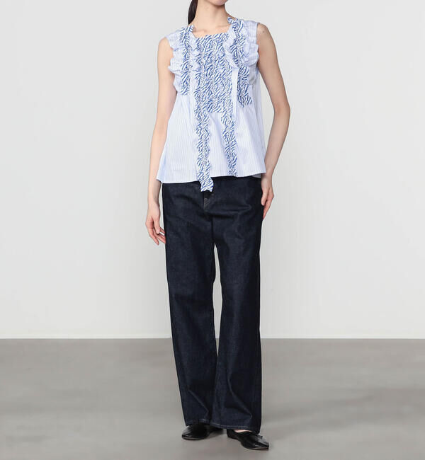  「RhodolirioN | コットン スリーブレス フリルシャツ STRIPE WOMEN」|シャツ・ブラウス|