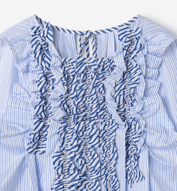  「RhodolirioN | コットン スリーブレス フリルシャツ STRIPE WOMEN」|シャツ・ブラウス|