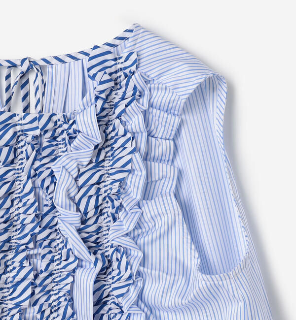  「RhodolirioN | コットン スリーブレス フリルシャツ STRIPE WOMEN」|シャツ・ブラウス|