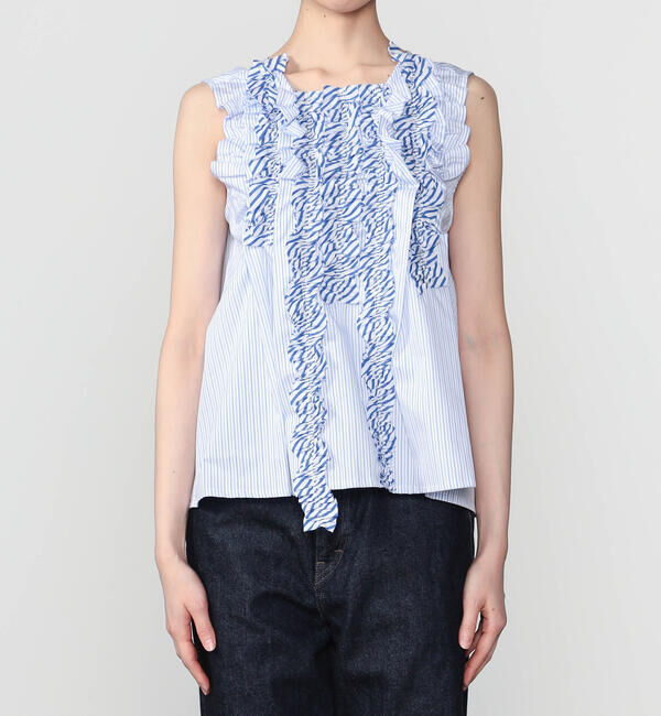  「RhodolirioN | コットン スリーブレス フリルシャツ STRIPE WOMEN」|シャツ・ブラウス|