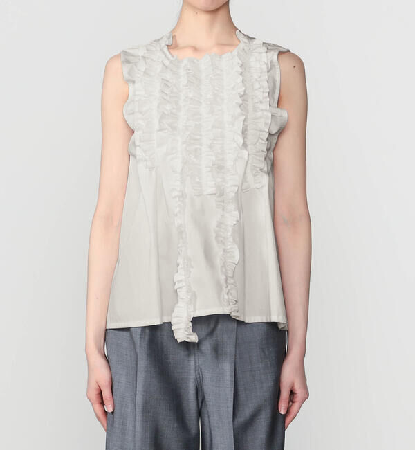  「RhodolirioN | コットン スリーブレス フリルシャツ WOMEN」|シャツ・ブラウス|