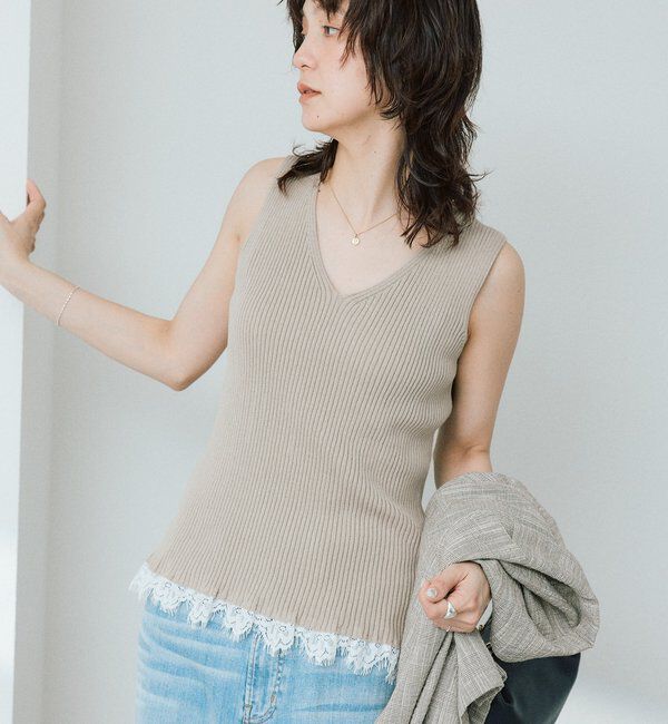  「予約【セットアップ対応可】レースヘムスリーブレスニット」|ニット・セーター|