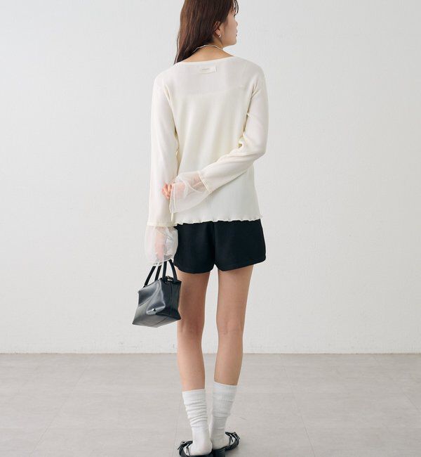  「袖チュール付きリブカーディガン」|カーディガン|