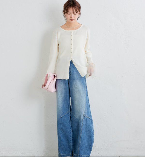  「袖チュール付きリブカーディガン」|カーディガン|