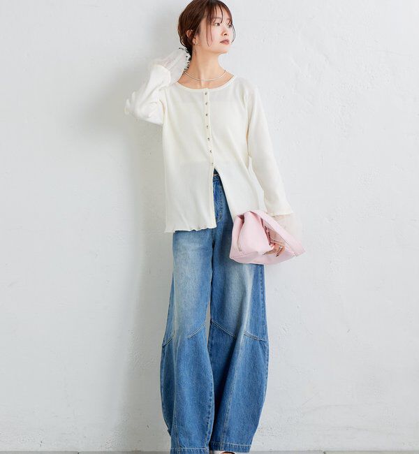  「袖チュール付きリブカーディガン」|カーディガン|