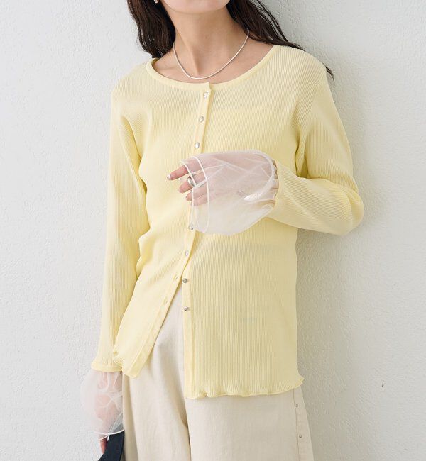 「袖チュール付きリブカーディガン」|カーディガン|