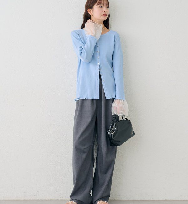  「袖チュール付きリブカーディガン」|カーディガン|