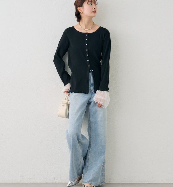  「袖チュール付きリブカーディガン」|カーディガン|