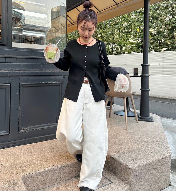  「袖チュール付きリブカーディガン」|カーディガン|