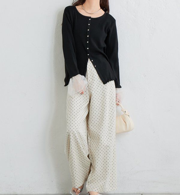  「袖チュール付きリブカーディガン」|カーディガン|