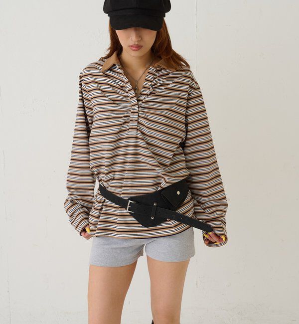  「マルチボーダーギャザーポロ」|Tシャツ・カットソー|ベージュ