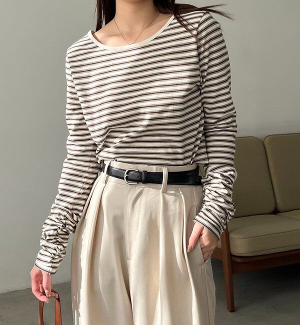  「バックUネッククロップボーダーTシャツ」|Tシャツ・カットソー|