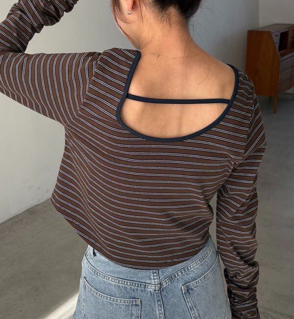  「バックUネッククロップボーダーTシャツ」|Tシャツ・カットソー|