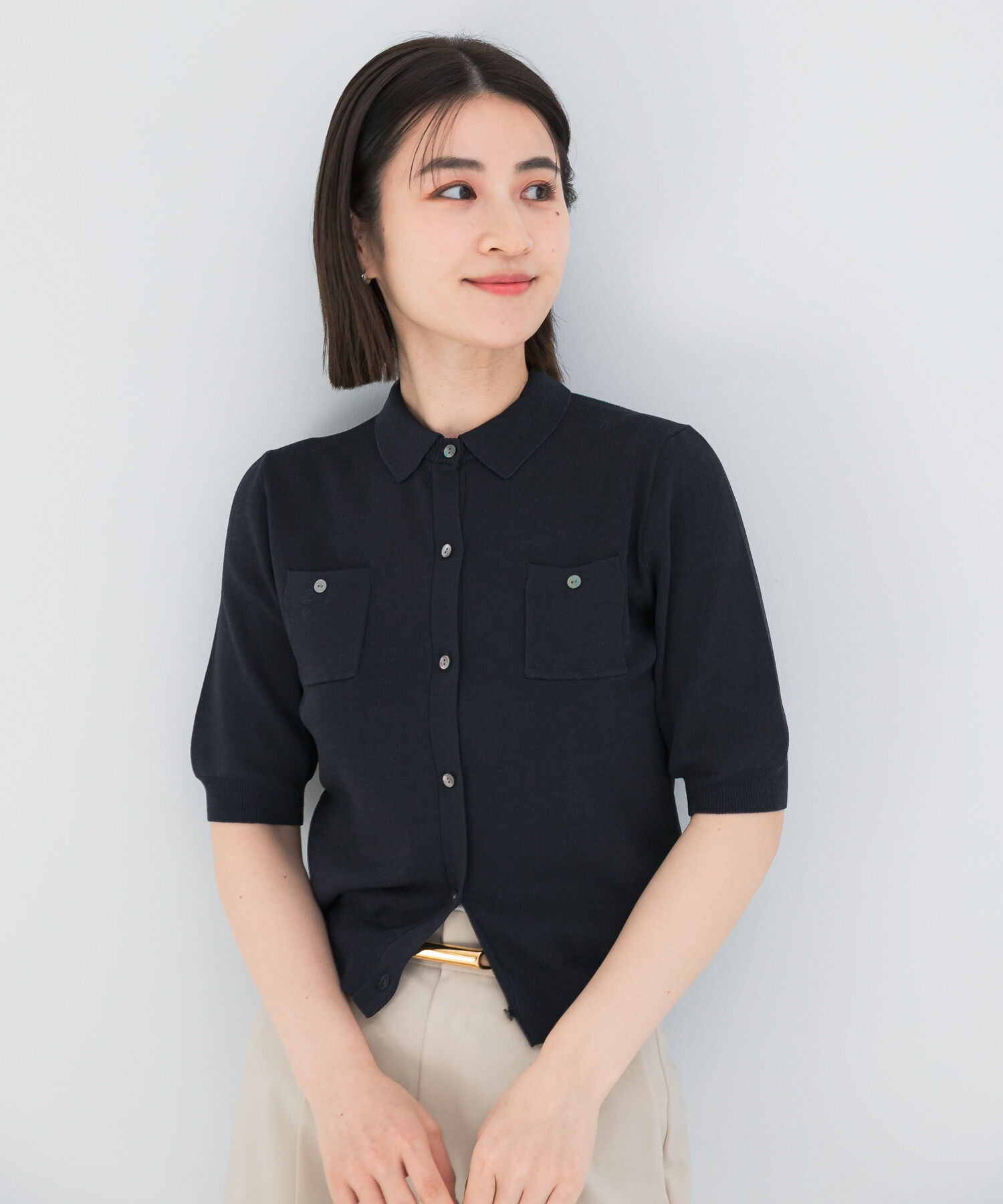 URBAN RESEARCH ROSSO「襟付コンパクト5分袖カーディガン」|カーディガン|ネイビー